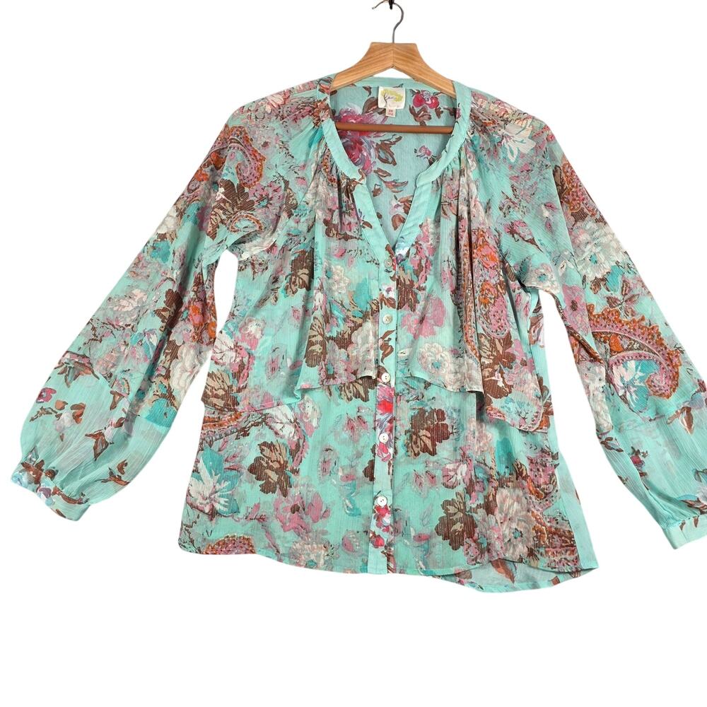 Fig and Flower Sheer Floral Tiered Long Sleeve Blouse